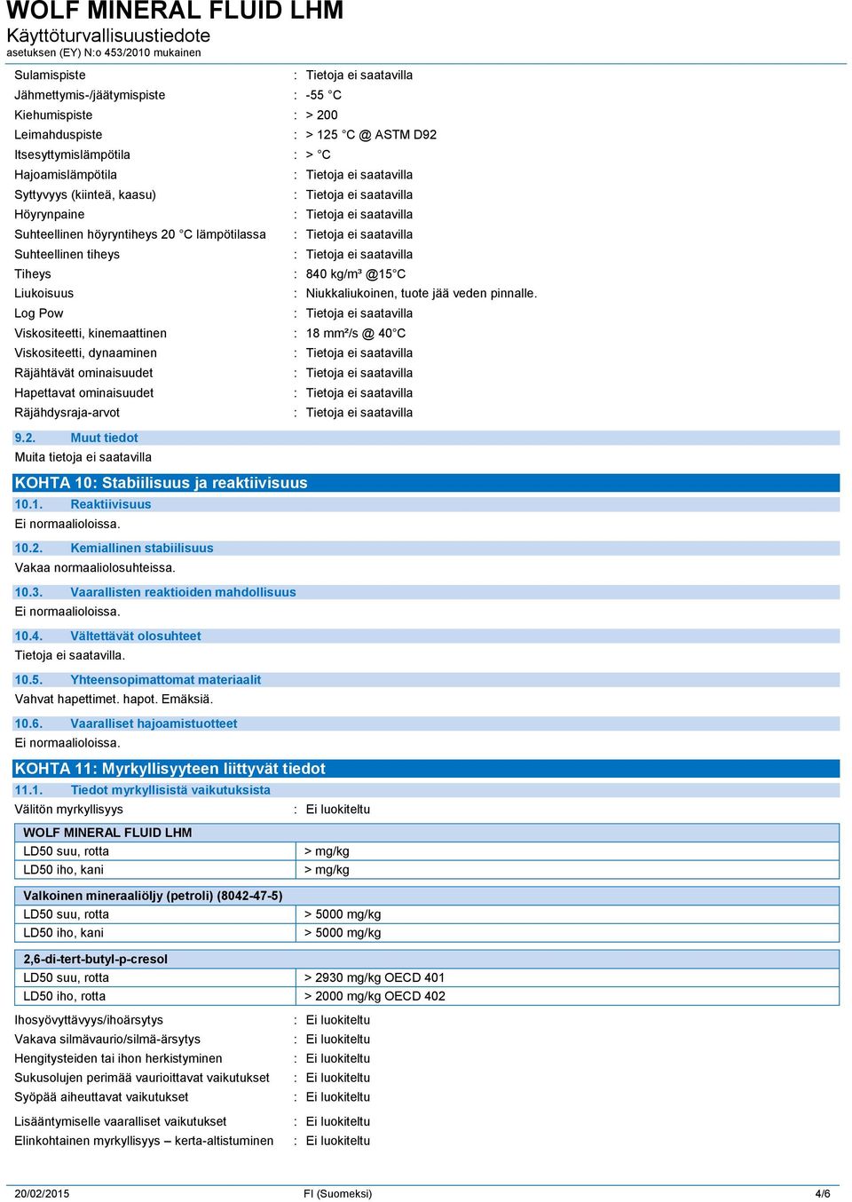 Viskositeetti, kinemaattinen : 18 mm²/s @ 40 C Viskositeetti, dynaaminen Räjähtävät ominaisuudet Hapettavat ominaisuudet Räjähdysraja-arvot 9.2. Muut tiedot KOHTA 10: Stabiilisuus ja reaktiivisuus 10.
