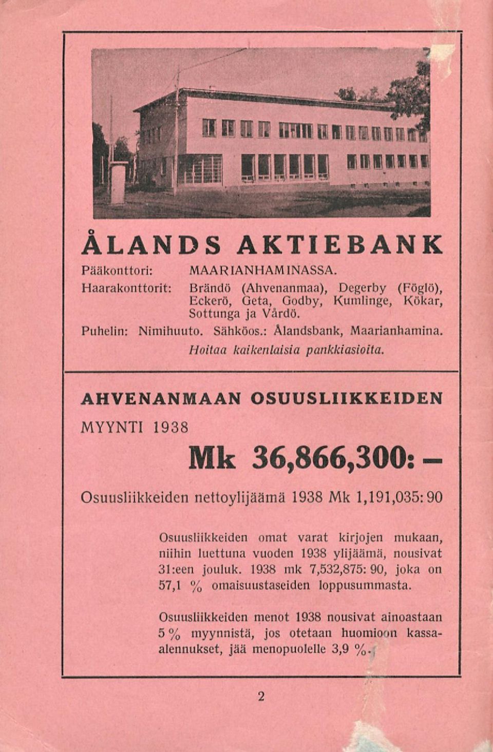 AHVENANMAAN OSUUSLIIKKEIDEN MYYNTI 1938 Mk 36,866,300: Osuusliikkeiden nettoylijäämä 1938 Mk 1,191,035:90 Osuusliikkeiden omat varat kirjojen mukaan, niihin