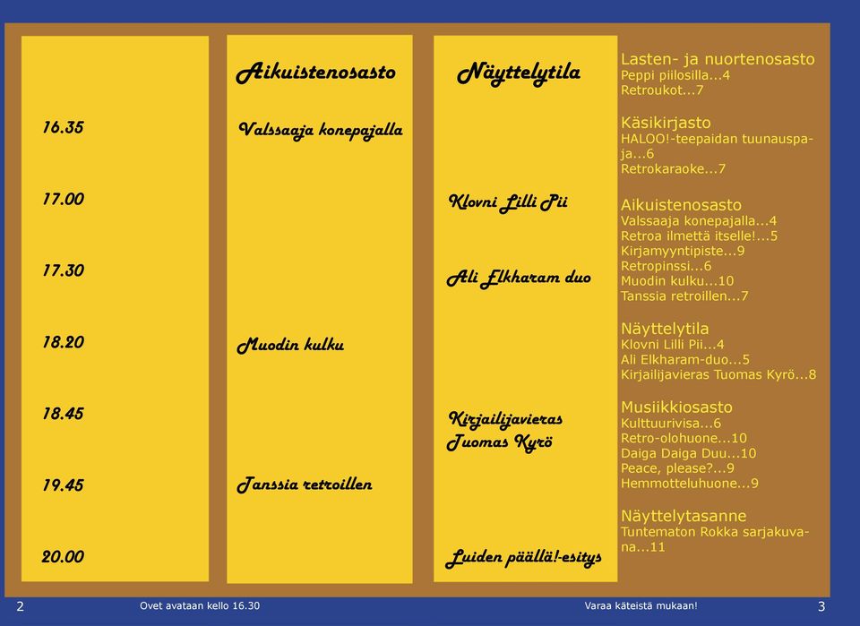 20 Muodin kulku Näyttelytila Klovni Lilli Pii...4 Ali Elkharam-duo...5 Kirjailijavieras Tuomas Kyrö...8 18.45 19.45 Tanssia retroillen Kirjailijavieras Tuomas Kyrö Musiikkiosasto Kulttuurivisa.