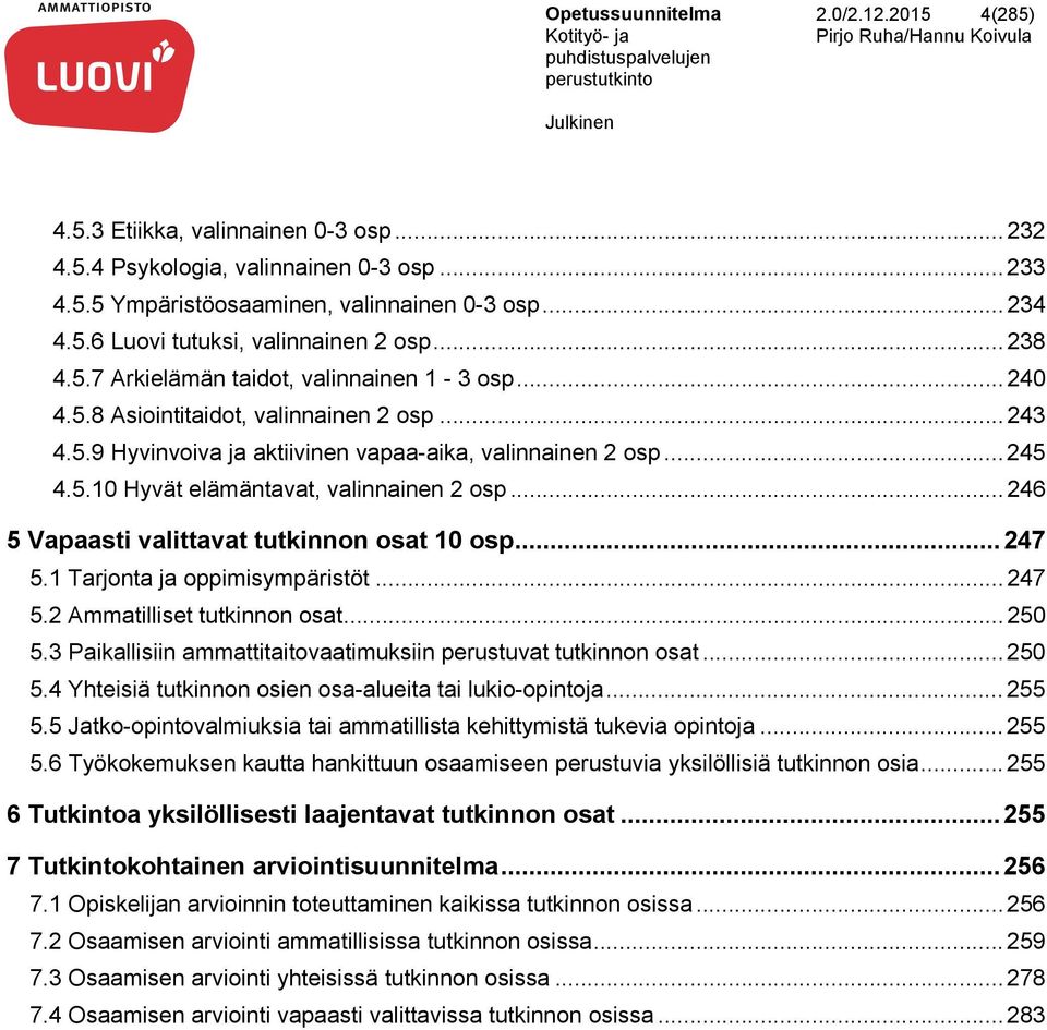 .. 246 5 Vapaasti valittavat tutkinnon osat 10 osp... 247 5.1 Tarjonta ja oppimisympäristöt... 247 5.2 Ammatilliset tutkinnon osat... 250 5.