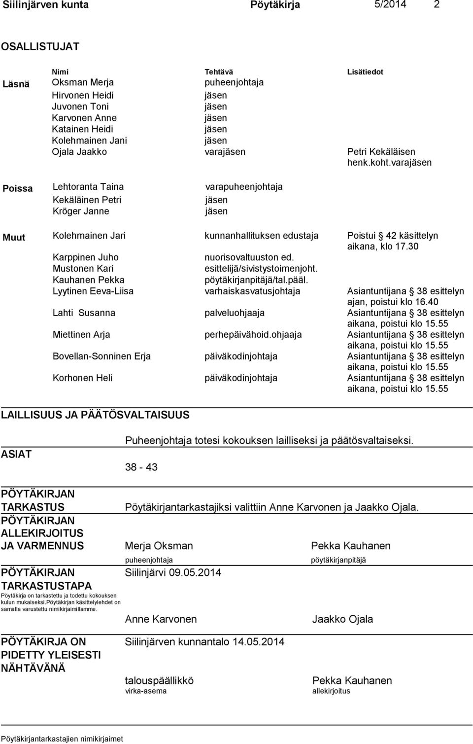 30 Karppinen Juho nuorisovaltuuston ed. Mustonen Kari esittelijä/sivistystoimenjoht. Kauhanen Pekka pöytäkirjanpitäjä/tal.pääl.