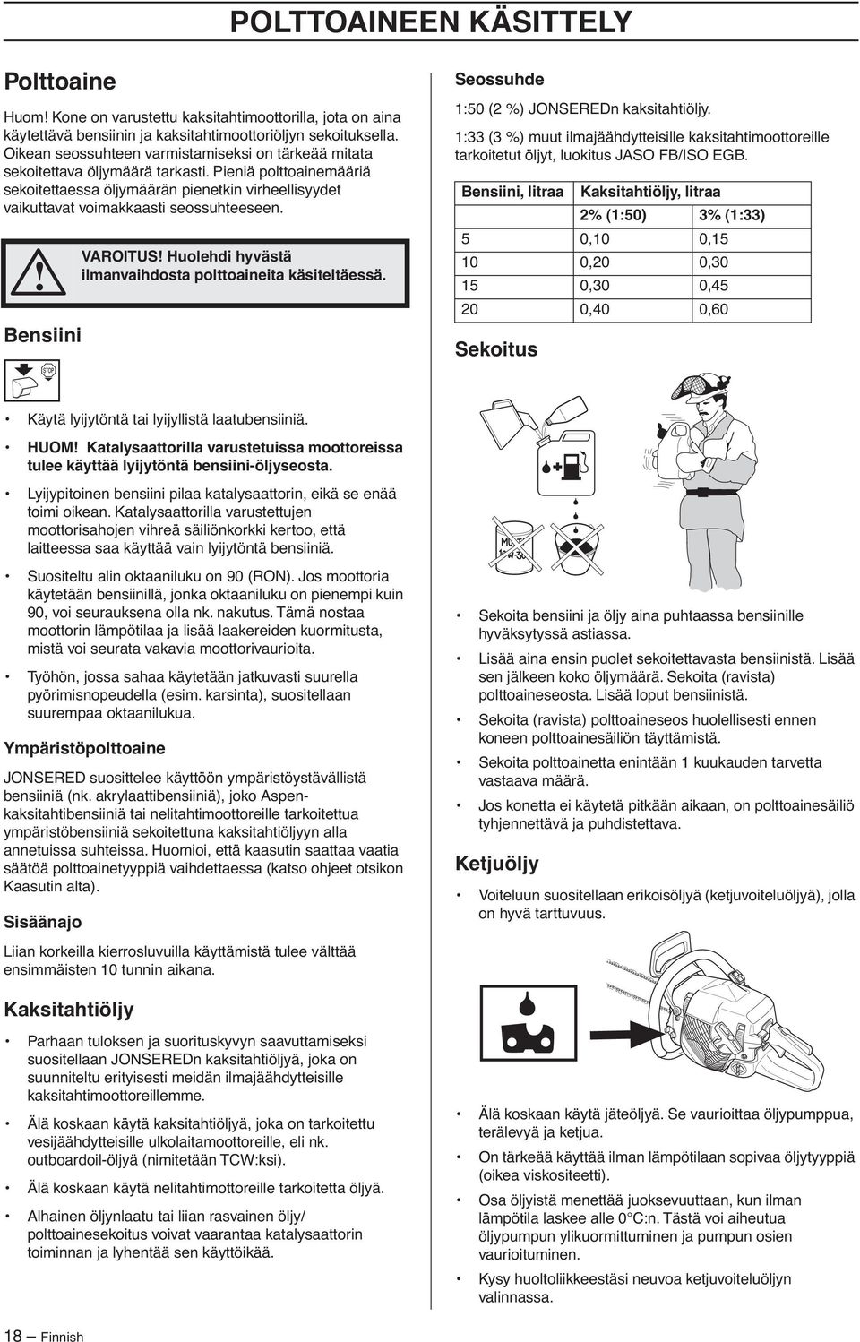 Pieniä polttoainemääriä sekoitettaessa öljymäärän pienetkin virheellisyydet vaikuttavat voimakkaasti seossuhteeseen. Bensiini VAROITUS Huolehdi hyvästä ilmanvaihdosta polttoaineita käsiteltäessä.