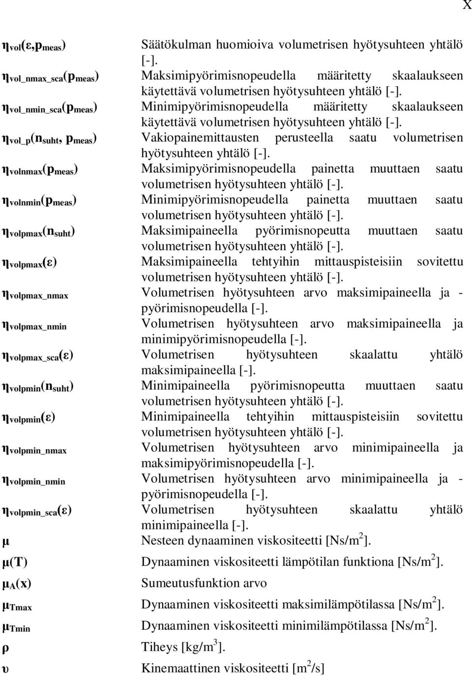 vol_p (n suht, p meas ) Vakiopainemittausten perusteella saatu volumetrisen hyötysuhteen yhtälö [-].