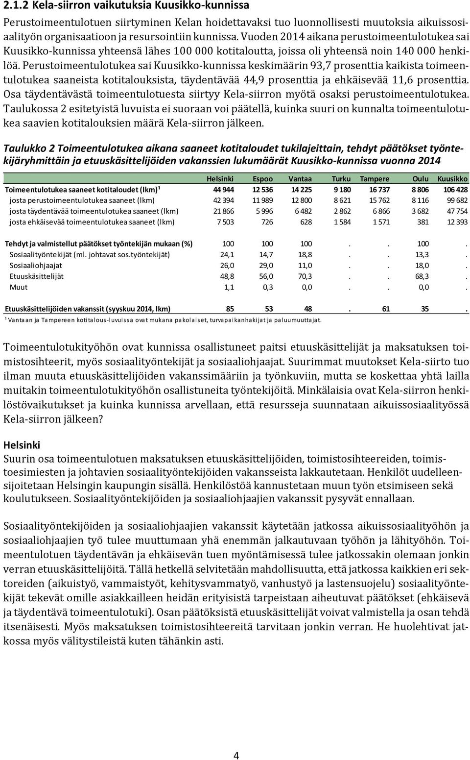 Perustoimeentulotukea sai Kuusikko-kunnissa keskimäärin 93,7 prosenttia kaikista toimeentulotukea saaneista kotitalouksista, täydentävää 44,9 prosenttia ja ehkäisevää 11,6 prosenttia.