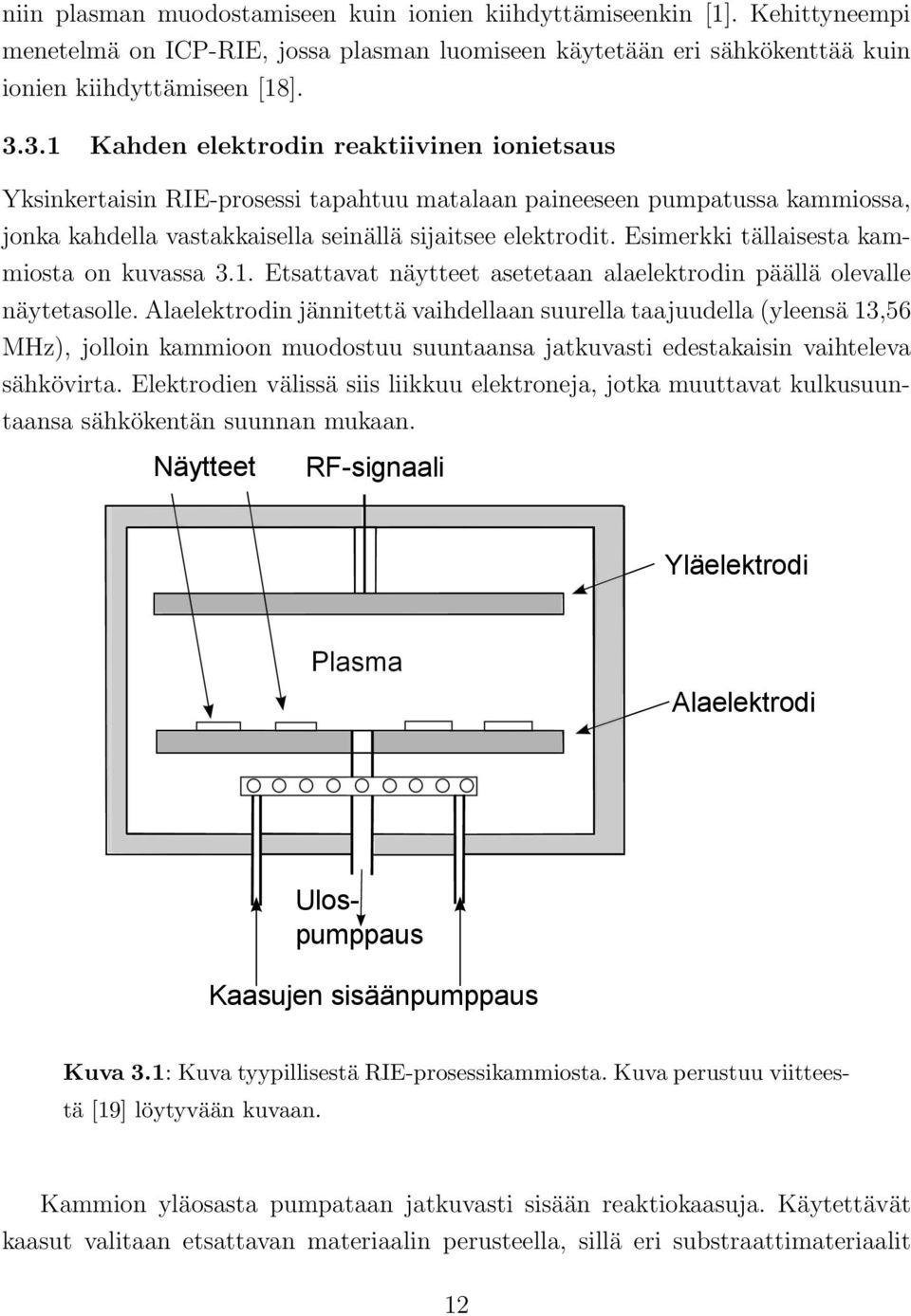 Esimerkki tällaisesta kammiosta on kuvassa 3.1. Etsattavat näytteet asetetaan alaelektrodin päällä olevalle näytetasolle.