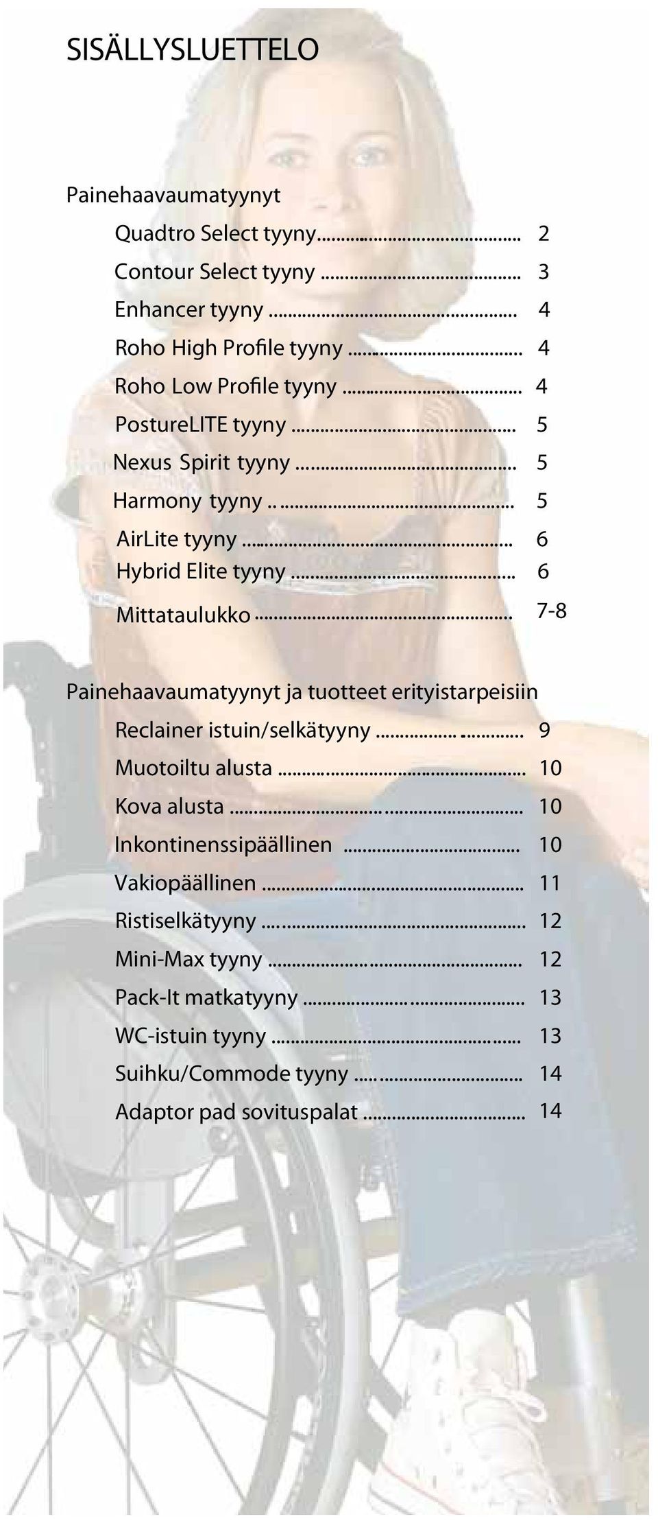 .. 7-8 Painehaavaumatyynyt ja tuotteet erityistarpeisiin Reclainer istuin/selkätyyny...... 9 Muotoiltu alusta... 10 Kova alusta...... 10 Inkontinenssipäällinen.