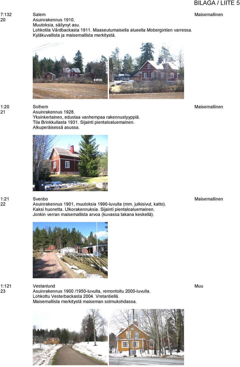 Sijainti pientaloaluemainen. Alkuperäisessä asussa. 1:21 Svenbo Maisemallinen 22 Asuinrakennus 1901, muutoksia 1990-luvulla (mm. julkisivut, katto). Kaksi huonetta. Ulkorakennuksia.