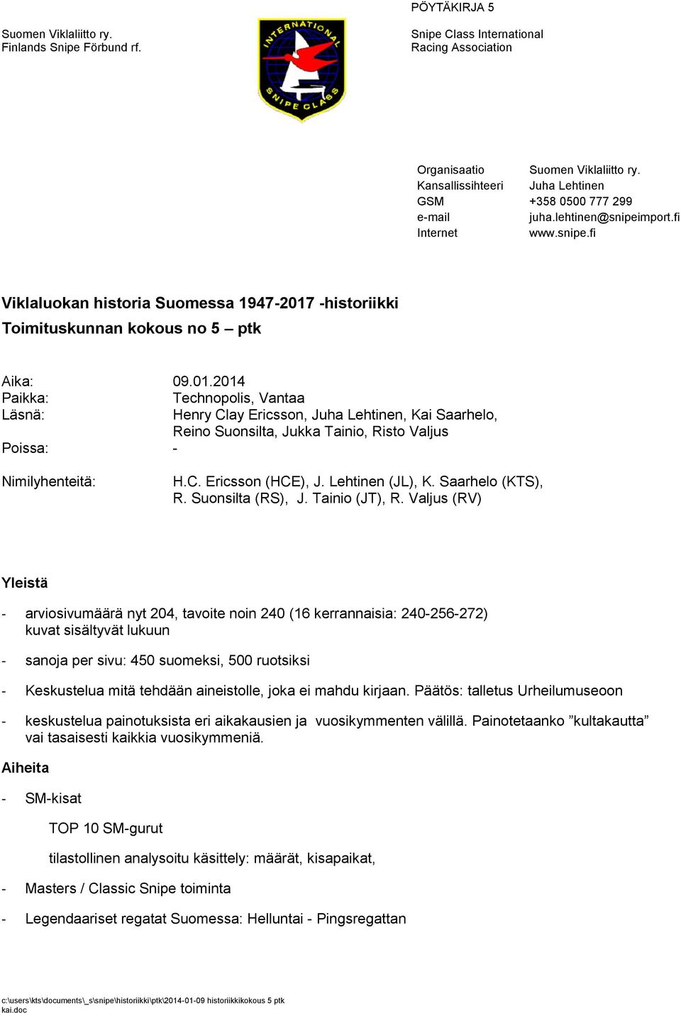 C. Ericssn (HCE), J. Lehtinen (JL), K. Saarhel (KTS), R. Sunsilta (RS), J. Taini (JT), R.