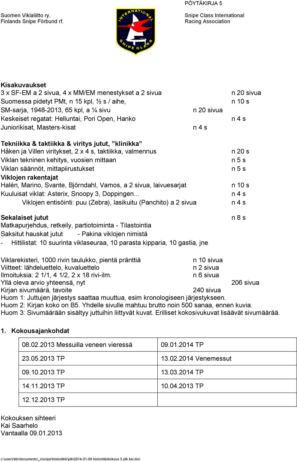 a ¼ sivu n 20 sivua Keskeiset regatat: Helluntai, Pri Open, Hank Junirikisat, Masters-kisat Tekniikka & taktiikka & viritys jutut, klinikka Håken ja Villen viritykset, 2 x 4 s, taktiikka, valmennus