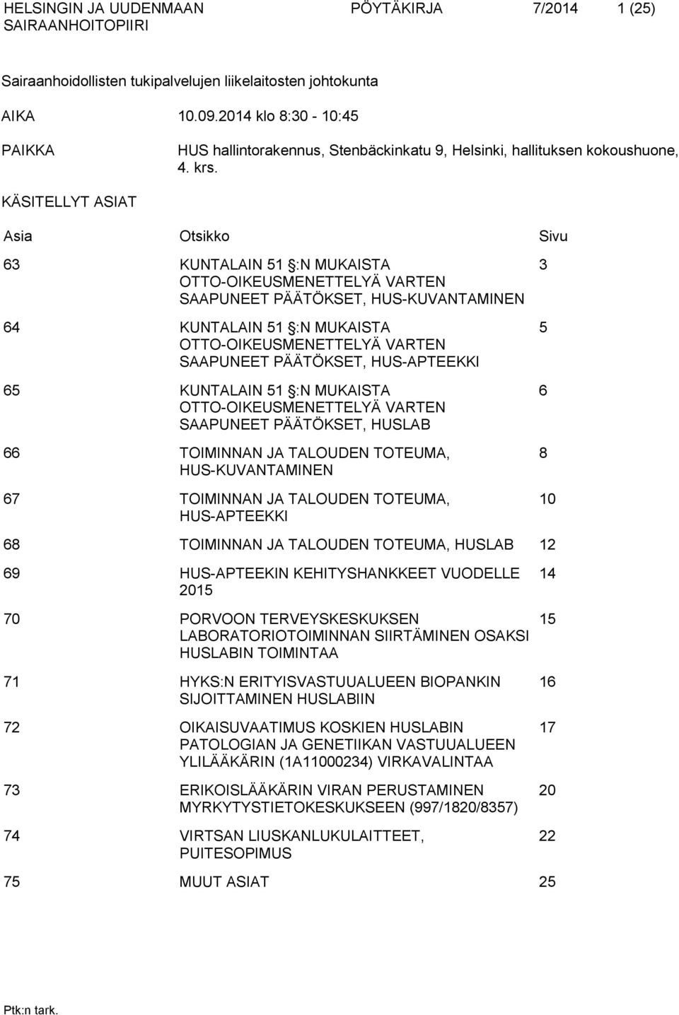 PÄÄTÖKSET, HUS-APTEEKKI 65 KUNTALAIN 51 :N MUKAISTA OTTO-OIKEUSMENETTELYÄ VARTEN SAAPUNEET PÄÄTÖKSET, HUSLAB 66 TOIMINNAN JA TALOUDEN TOTEUMA, HUS-KUVANTAMINEN 67 TOIMINNAN JA TALOUDEN TOTEUMA,