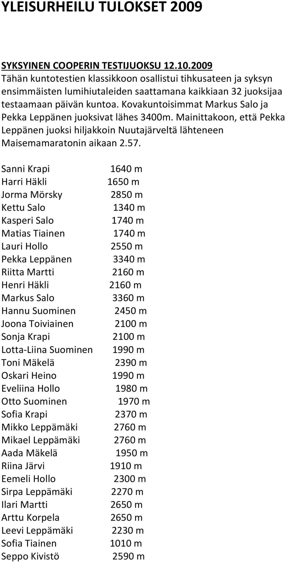 Kovakuntoisimmat Markus Salo ja Pekka Leppänen juoksivat lähes 3400m. Mainittakoon, että Pekka Leppänen juoksi hiljakkoin Nuutajärveltä lähteneen Maisemamaratonin aikaan 2.57.