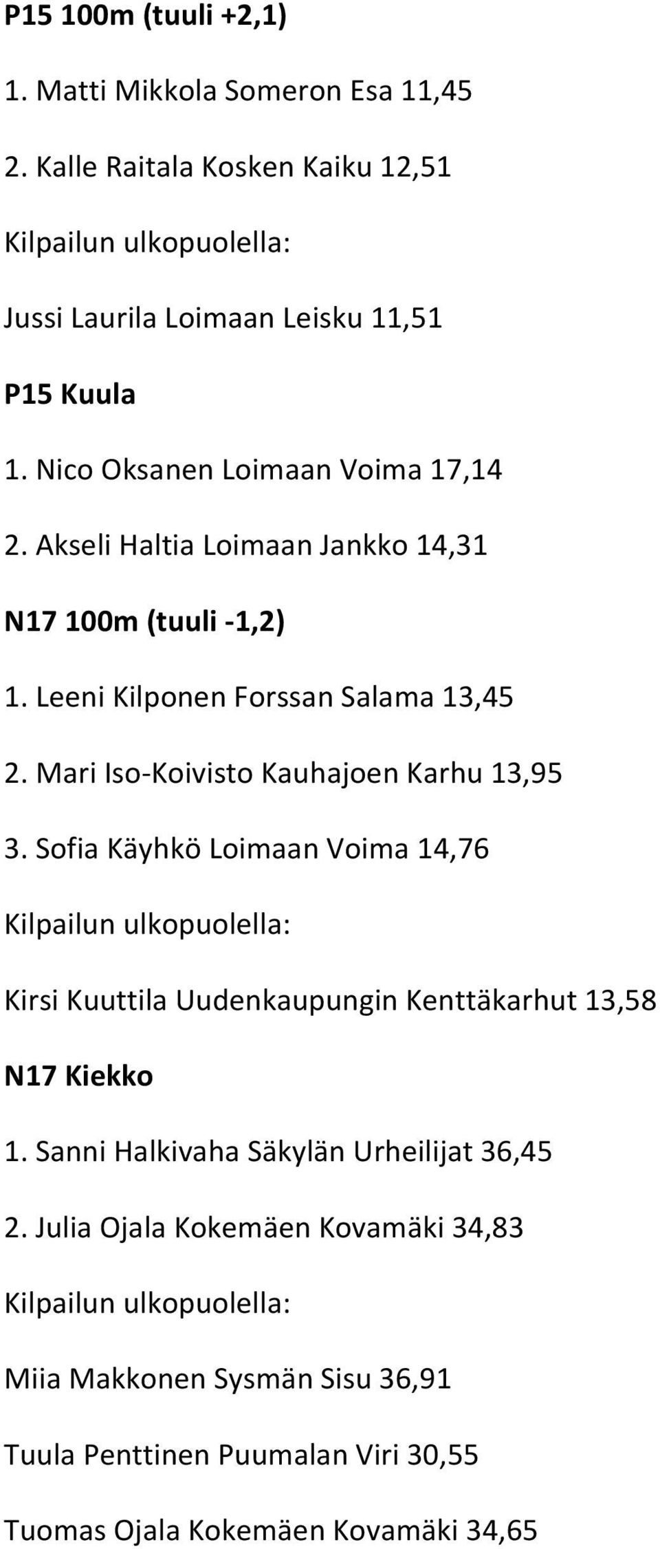 Mari Iso-Koivisto Kauhajoen Karhu 13,95 3. Sofia Käyhkö Loimaan Voima 14,76 Kilpailun ulkopuolella: Kirsi Kuuttila Uudenkaupungin Kenttäkarhut 13,58 N17 Kiekko 1.