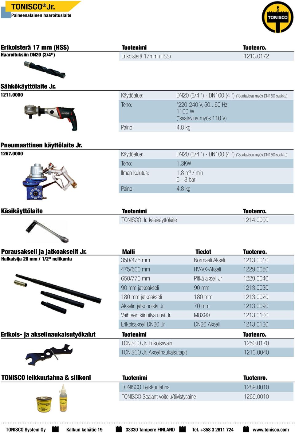 267.0000 Käyttöalue: Teho: Ilman kulutus: Paino: DN20 (3/4 ") - DN00 (4 ") (*Saatavissa myös DN50 saakka),3kw,8 m 3 / min 6-8 bar 4,8 kg Käsikäyttölaite Tuotenimi Tuotenro. TONISCO Jr.
