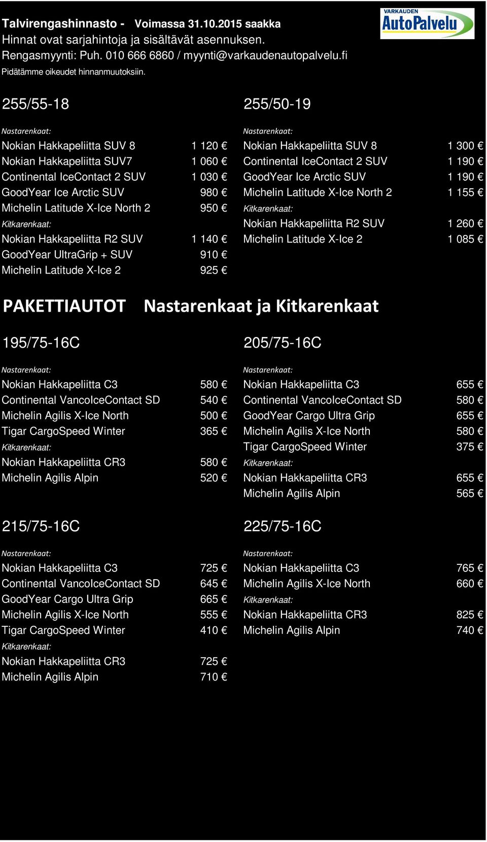 Latitude X-Ice 2 1 085 GoodYear UltraGrip + SUV 910 Michelin Latitude X-Ice 2 925 PAKETTIAUTOT Nastarenkaat ja Kitkarenkaat 195/75-16C 205/75-16C Nokian Hakkapeliitta C3 580 Nokian Hakkapeliitta C3