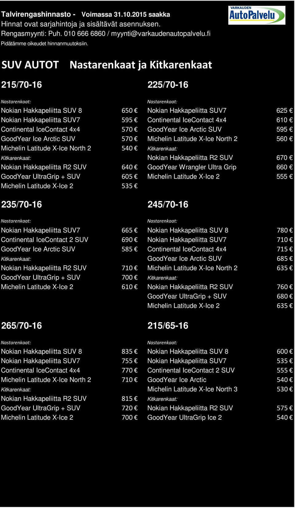 R2 SUV 640 GoodYear Wrangler Ultra Grip 660 GoodYear UltraGrip + SUV 605 Michelin Latitude X-Ice 2 555 Michelin Latitude X-Ice 2 535 235/70-16 245/70-16 Nokian Hakkapeliitta SUV7 665 Nokian