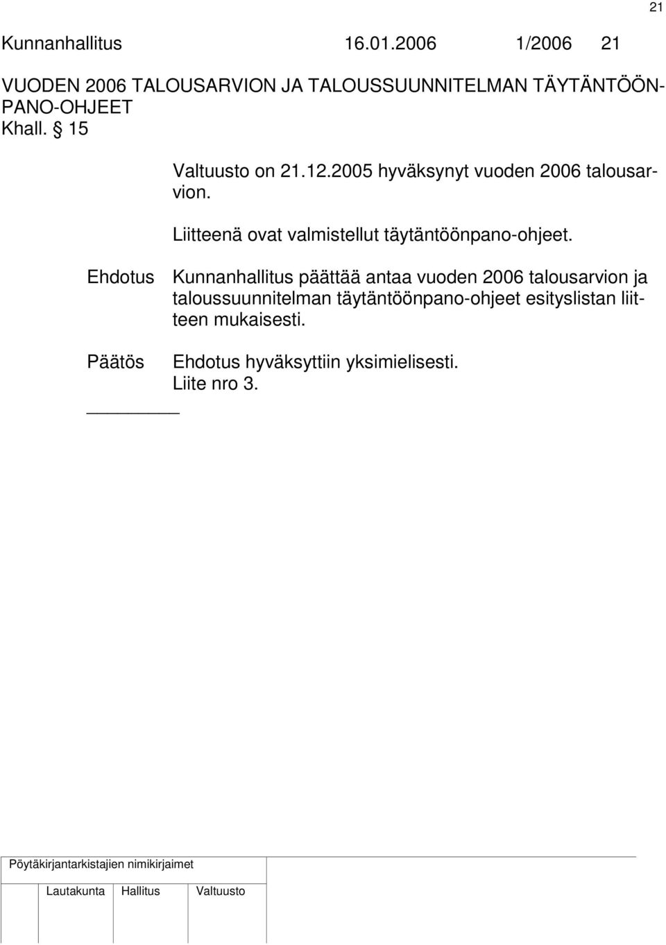 2005 hyväksynyt vuoden 2006 talousarvion. Liitteenä ovat valmistellut täytäntöönpano-ohjeet.