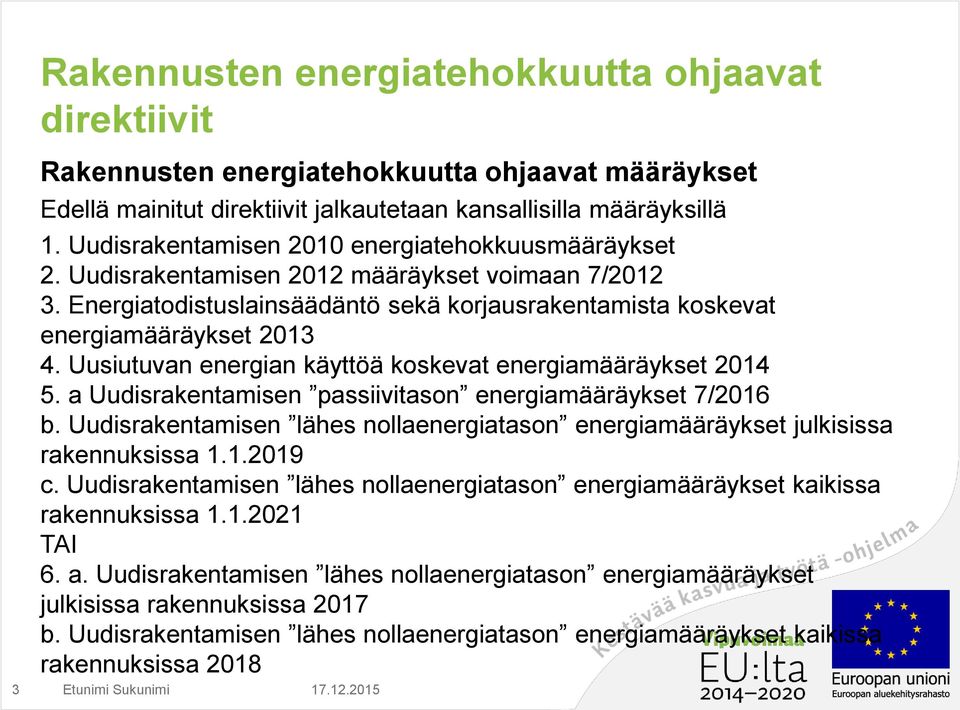 Uusiutuvan energian käyttöä koskevat energiamääräykset 2014 5. a Uudisrakentamisen passiivitason energiamääräykset 7/2016 b.