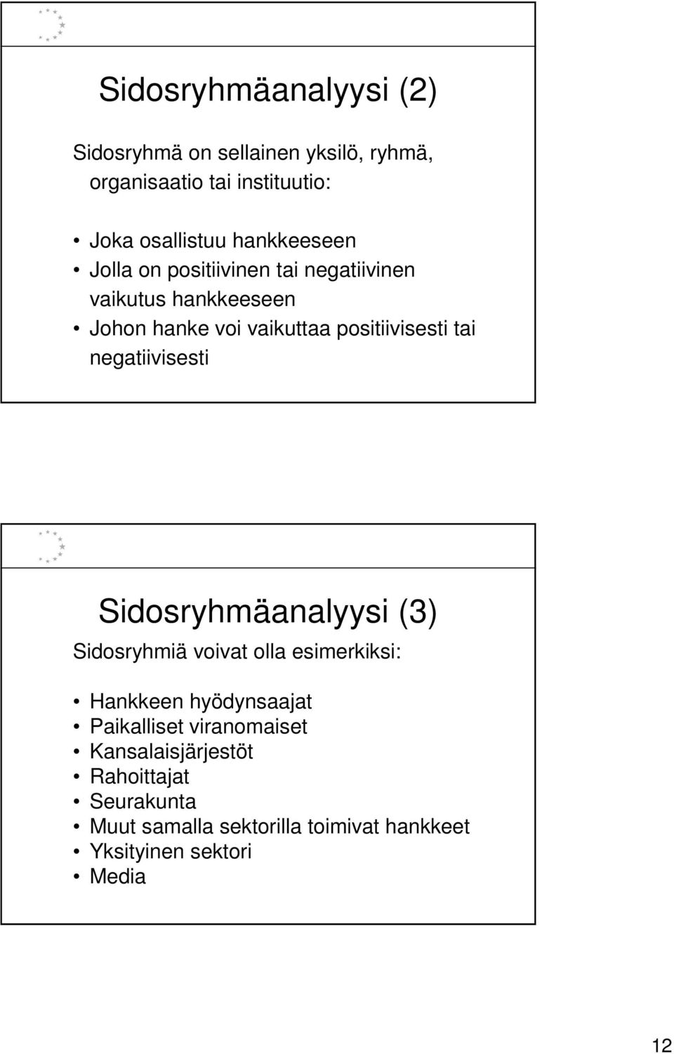 tai negatiivisesti Sidosryhmäanalyysi (3) Sidosryhmiä voivat olla esimerkiksi: Hankkeen hyödynsaajat Paikalliset