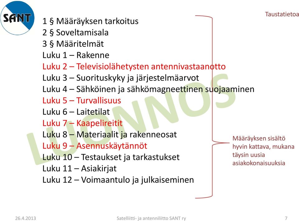 Luku 7 Kaapelireitit Luku 8 Materiaalit ja rakenneosat Luku 9 Asennuskäytännöt Luku 10 Testaukset ja tarkastukset Luku 11