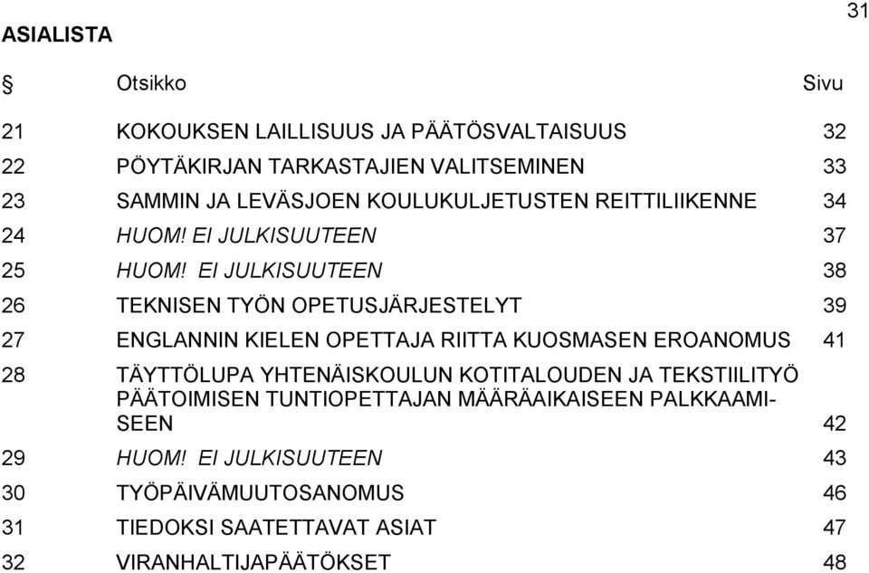 EI JULKISUUTEEN 38 26 TEKNISEN TYÖN OPETUSJÄRJESTELYT 39 27 ENGLANNIN KIELEN OPETTAJA RIITTA KUOSMASEN EROANOMUS 41 28 TÄYTTÖLUPA