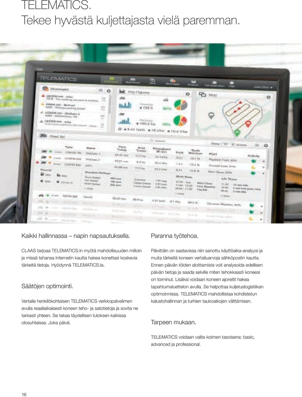 Vertaile henkilökohtaisen TELEMATICS verkkopalvelimen avulla reaaliaikaisesti koneen teho- ja satotietoja ja sovita ne tarkasti yhteen. Se takaa täydellisen tuloksen kaikissa olosuhteissa. Joka päivä.