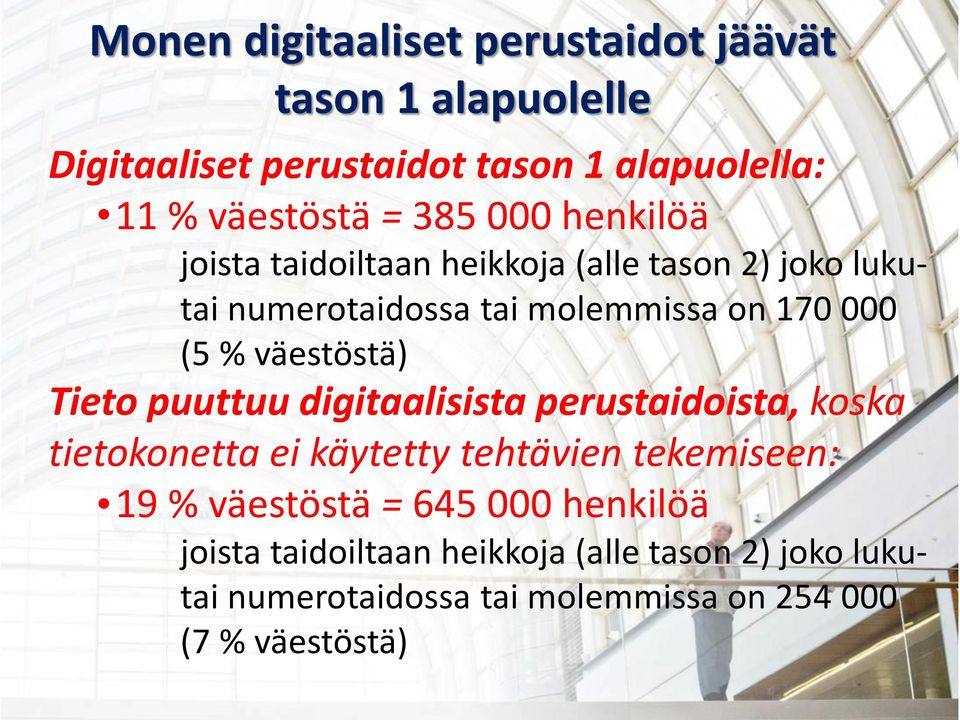 väestöstä) Tieto puuttuu digitaalisista perustaidoista, koska tietokonetta ei käytetty tehtävien tekemiseen: 19 % väestöstä