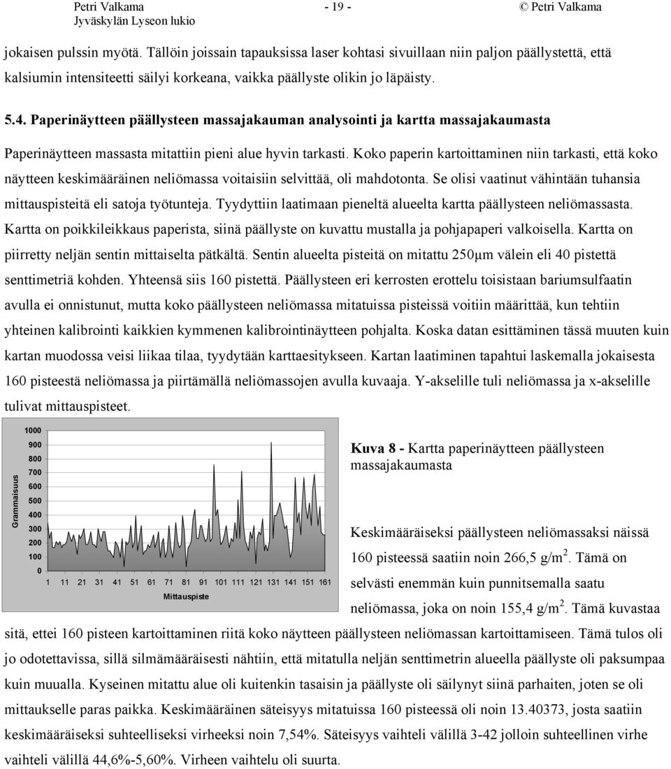 Paperinäytteen päällysteen massajakauman analysointi ja kartta massajakaumasta Paperinäytteen massasta mitattiin pieni alue hyvin tarkasti.