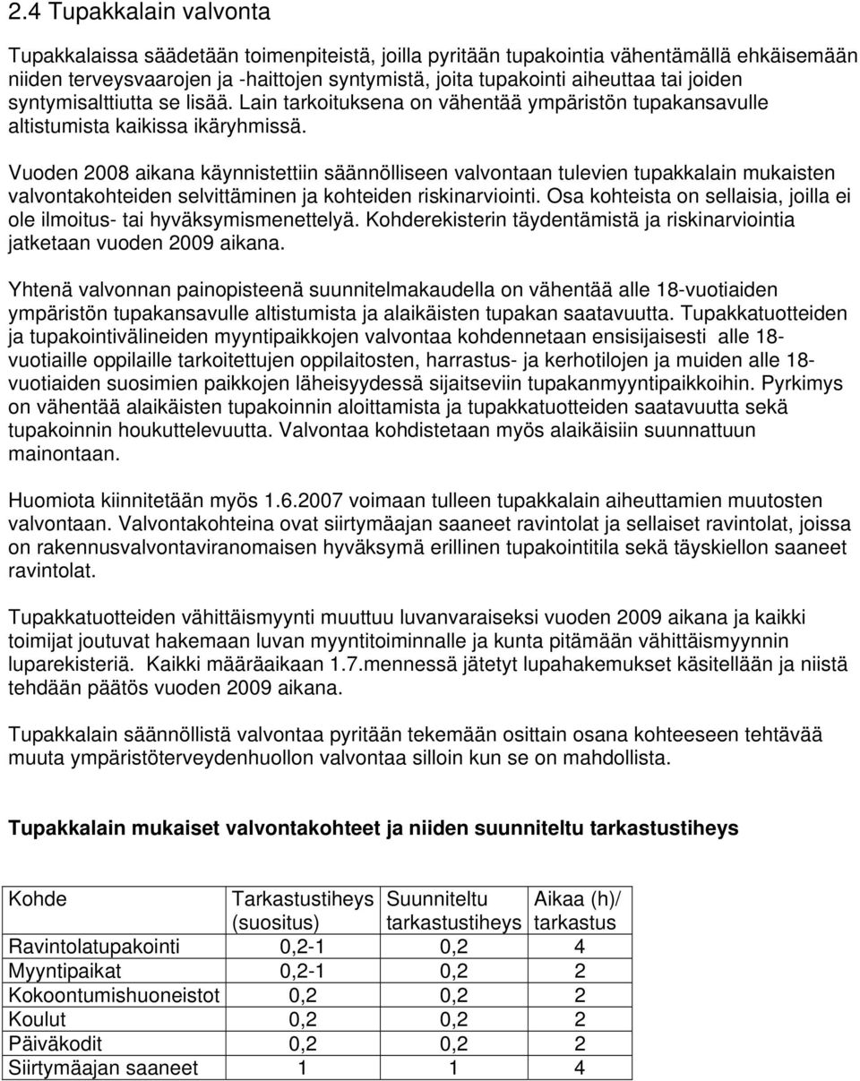 Vuoden 2008 aikana käynnistettiin säännölliseen valvontaan tulevien tupakkalain mukaisten valvontakohteiden selvittäminen ja kohteiden riskinarviointi.