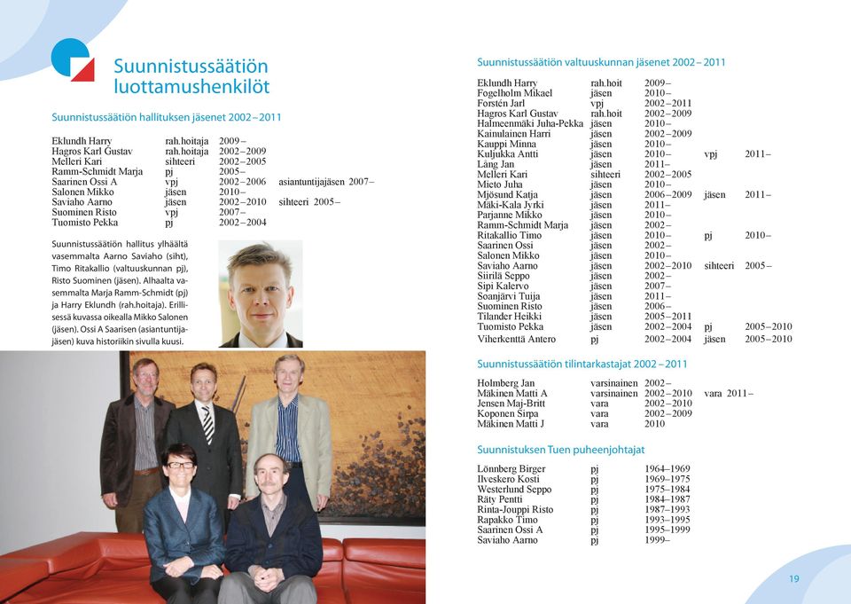 Suominen Risto vpj 2007 Tuomisto Pekka pj 2002 2004 Suunnistussäätiön hallitus ylhäältä vasemmalta Aarno Saviaho (siht), Timo Ritakallio (valtuuskunnan pj), Risto Suominen (jäsen).