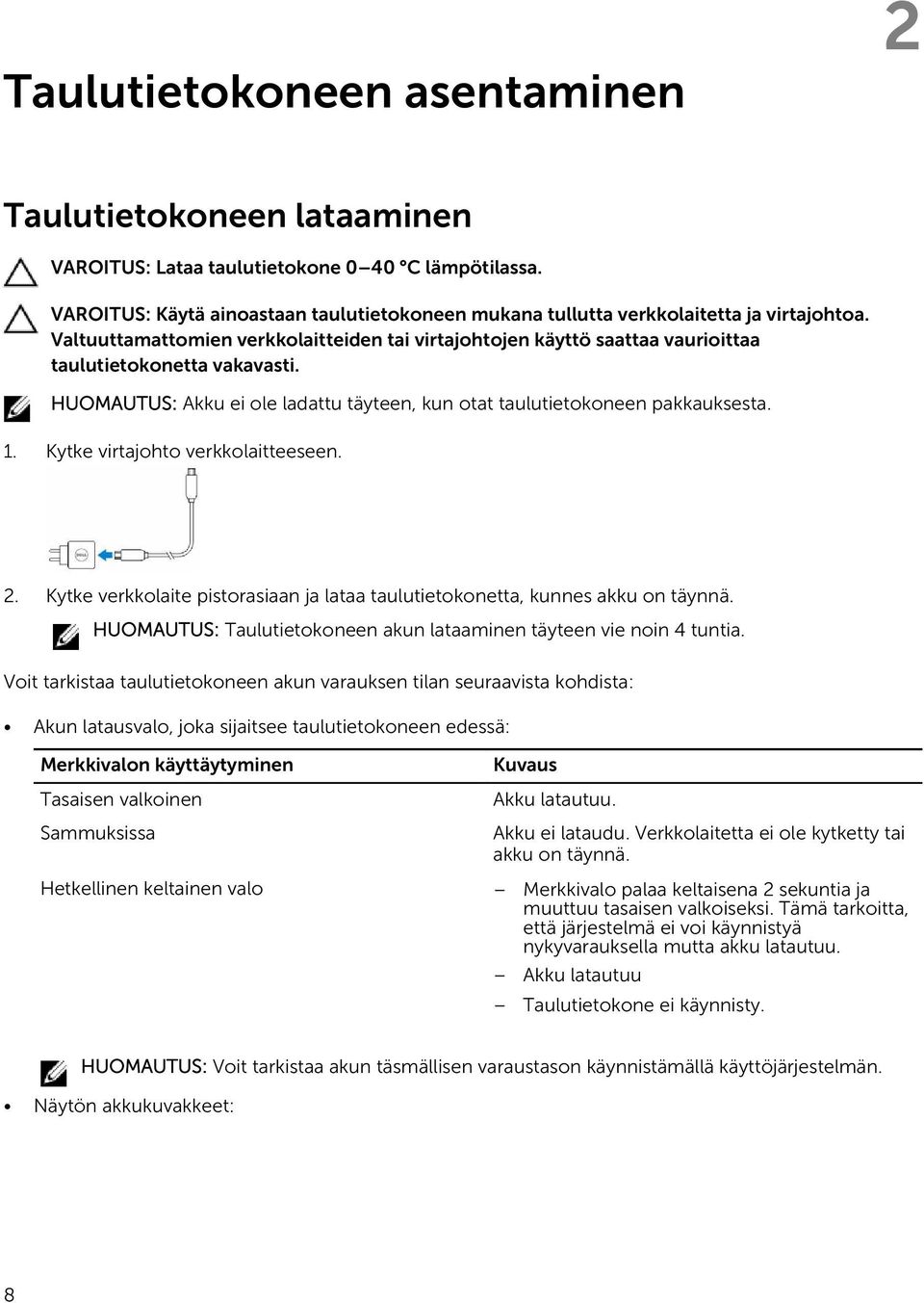 HUOMAUTUS: Akku ei ole ladattu täyteen, kun otat taulutietokoneen pakkauksesta. 1. Kytke virtajohto verkkolaitteeseen. 2.