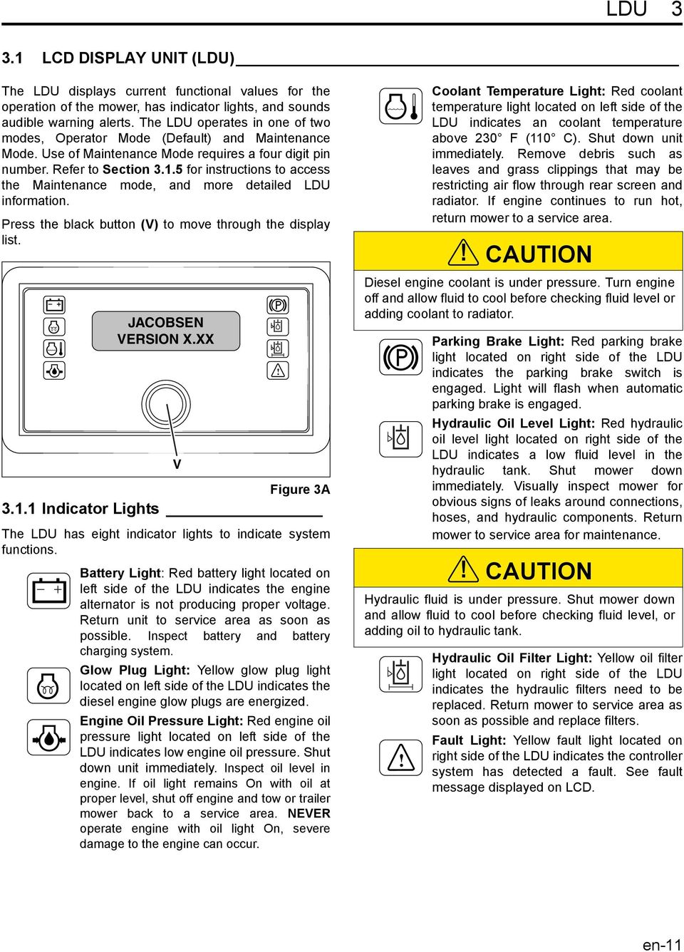 5 for instructions to access the Maintenance mode, and more detailed LDU information. Press the black button (V) to move through the display list. JACOBSEN VERSION X.XX Figure 3A 3.1.