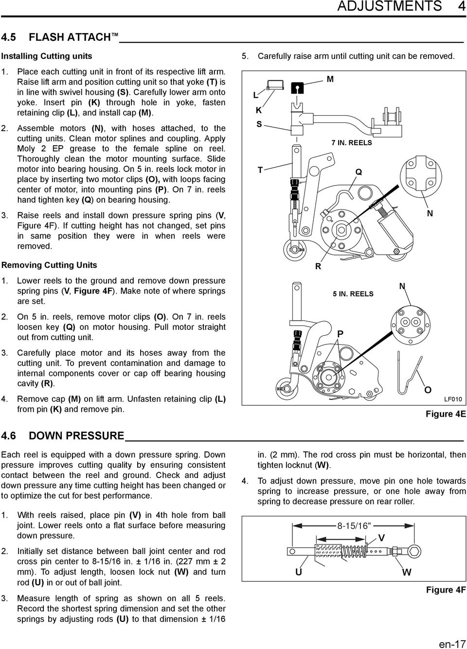 Insert pin (K) through hole in yoke, fasten retaining clip (L), and install cap (M). 2. Assemble motors (N), with hoses attached, to the cutting units. Clean motor splines and coupling.