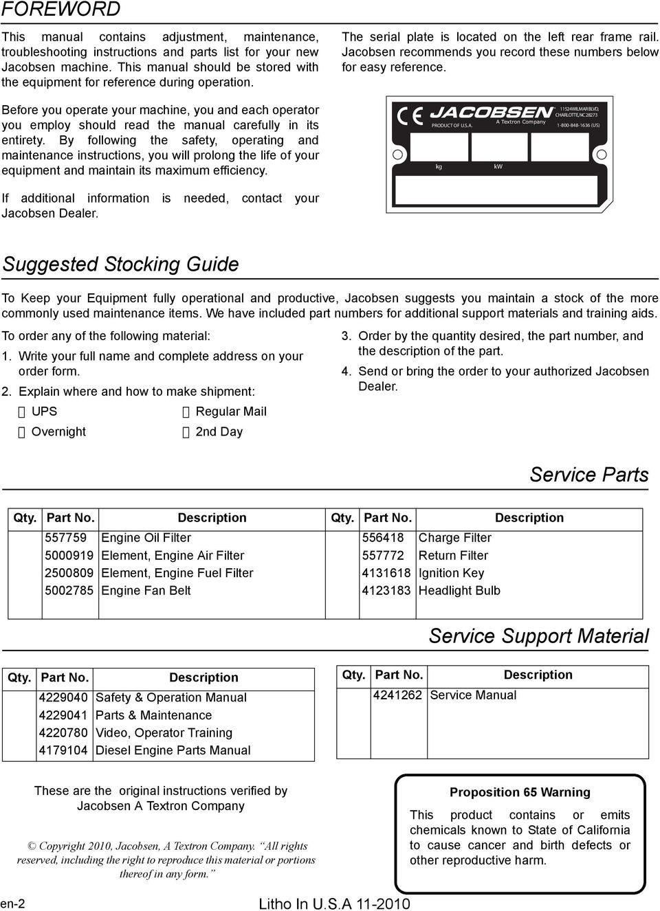 Jacobsen recommends you record these numbers below for easy reference. Before you operate your machine, you and each operator you employ should read the manual carefully in its entirety.