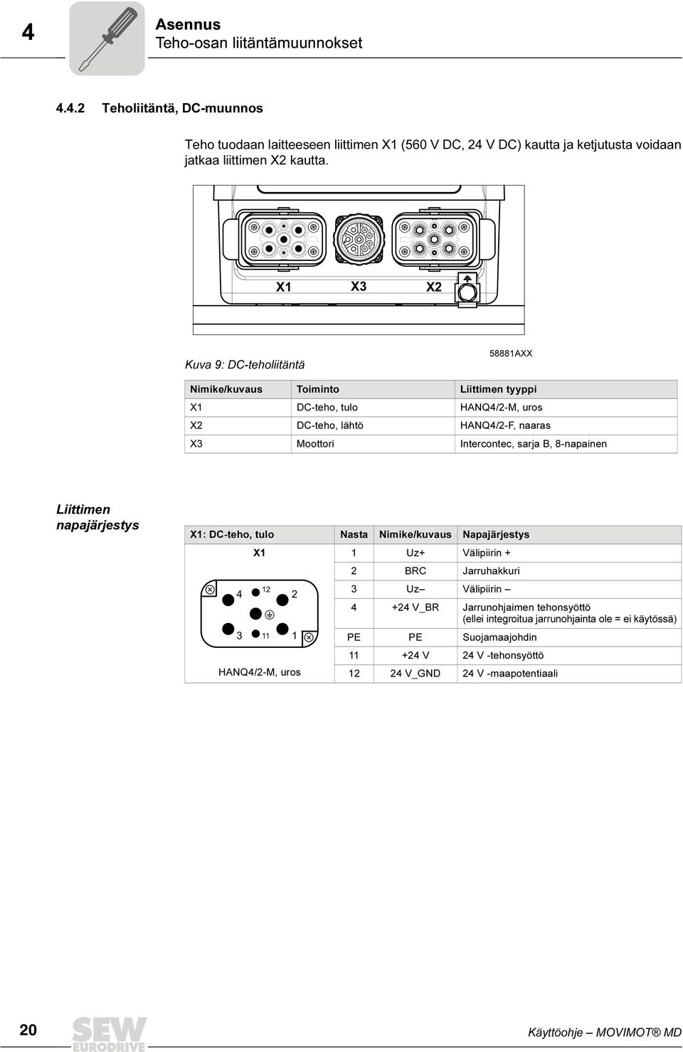 Intercontec, sarja B, 8-napainen Liittimen napajärjestys X1: DC-teho, tulo Nasta Nimike/kuvaus Napajärjestys X1 1 Uz+ Välipiirin + 2 BRC Jarruhakkuri 4 12 2 3 Uz Välipiirin 4 +24 V_BR