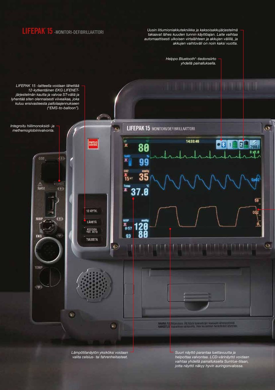 LIFEPAK 15 -laitteella voidaan lähettää 12-kytkentäinen EKG LIFENETjärjestelmän kautta ja valvoa ST-väliä ja lyhentää siten olennaisesti viiveaikaa, joka kuluu ensivasteesta pallolaajennukseen (