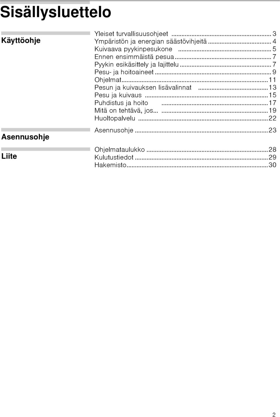 .. 7 Pesu- ja hoitoaineet... 9 Ohjelmat...11 Pesun ja kuivauksen lisävalinnat...13 Pesu ja kuivaus.