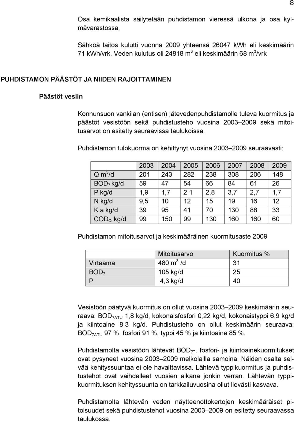 vesistöön sekä puhdistusteho vuosina 2003 2009 sekä mitoitusarvot on esitetty seuraavissa taulukoissa.