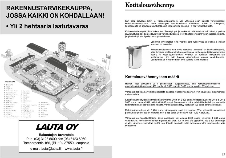 Saat vähennystä tavanomaisesta kotitalous-, hoiva- ja hoitotyöstä, kunnossapito- ja perusparannustyöstä sekä tietotekniikan asennus- ja neuvontapalveluista. Kotitalousvähennystä pitää hakea itse.