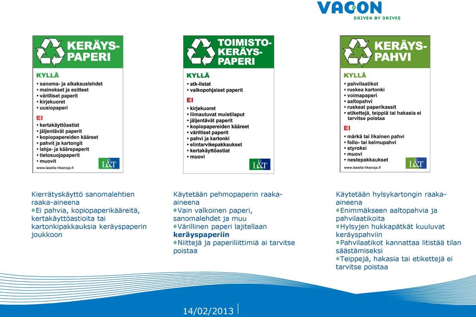 Niittejä ja paperiliittimiä ai tarvitse poistaa Käytetään hylsykartongin raakaaineena Enimmäkseen aaltopahvia ja pahvilaatikoita