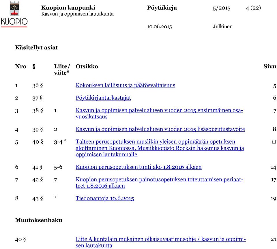 oppimäärän opetuksen aloittaminen Kuopiossa, Musiikkiopisto Rocksin hakemus kasvun ja oppimisen lautakunnalle 11 6 41 5-6 Kuopion perusopetuksen tuntijako 1.8.