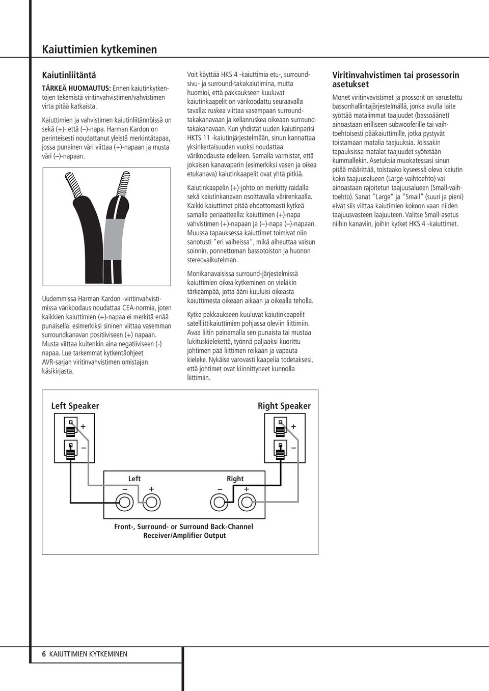 Harman Kardon on perinteisesti noudattanut yleistä merkintätapaa, jossa punainen väri viittaa (+)-napaan ja musta väri ( )-napaan.