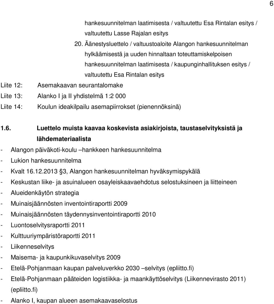 Rintalan esitys Liite 12: Asemakaavan seurantalomake Liite 13: Alanko I ja II yhdistelmä 1:2 000 Liite 14: Koulun ideakilpailu asemapiirrokset (pienennöksinä) 1.6.