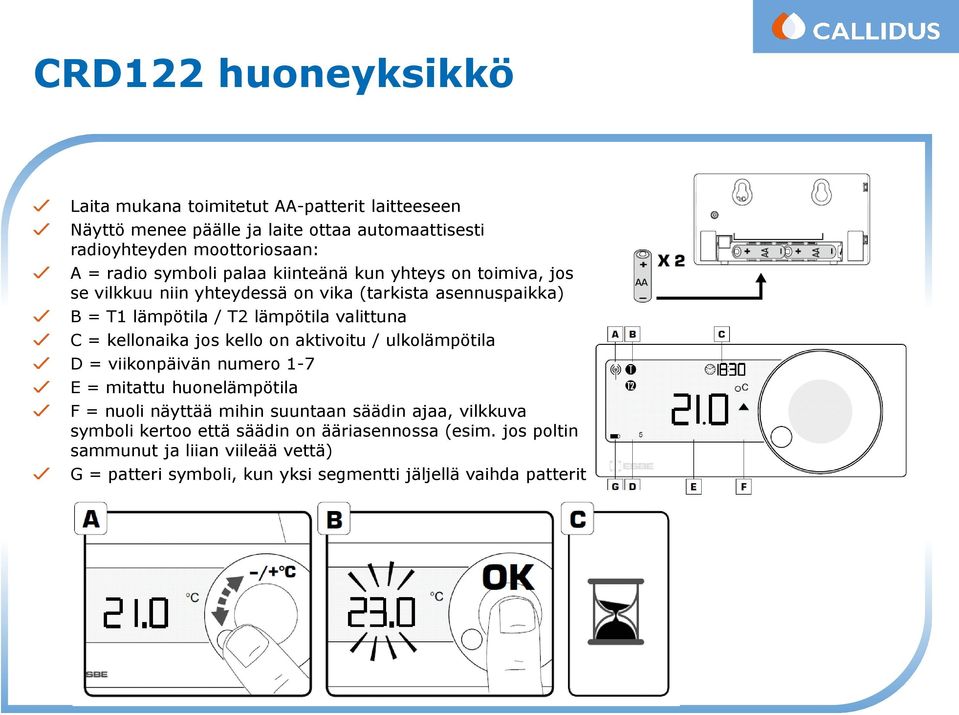 kellonaika jos kello on aktivoitu / ulkolämpötila D = viikonpäivän numero 1-7 E = mitattu huonelämpötila F = nuoli näyttää mihin suuntaan säädin ajaa,