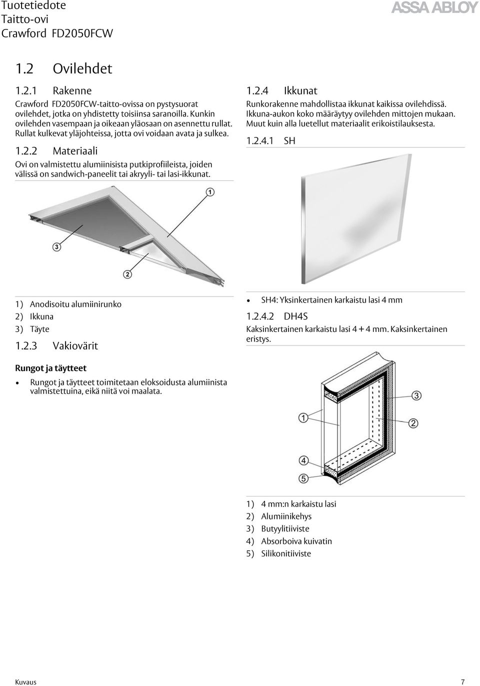 1.2.4 Ikkunat Runkorakenne mahdollistaa ikkunat kaikissa ovilehdissä. Ikkuna-aukon koko määräytyy ovilehden mittojen mukaan. Muut kuin alla luetellut materiaalit erikoistilauksesta. 1.2.4.1 SH 1) Anodisoitu alumiinirunko 2) Ikkuna 3) Täyte 1.