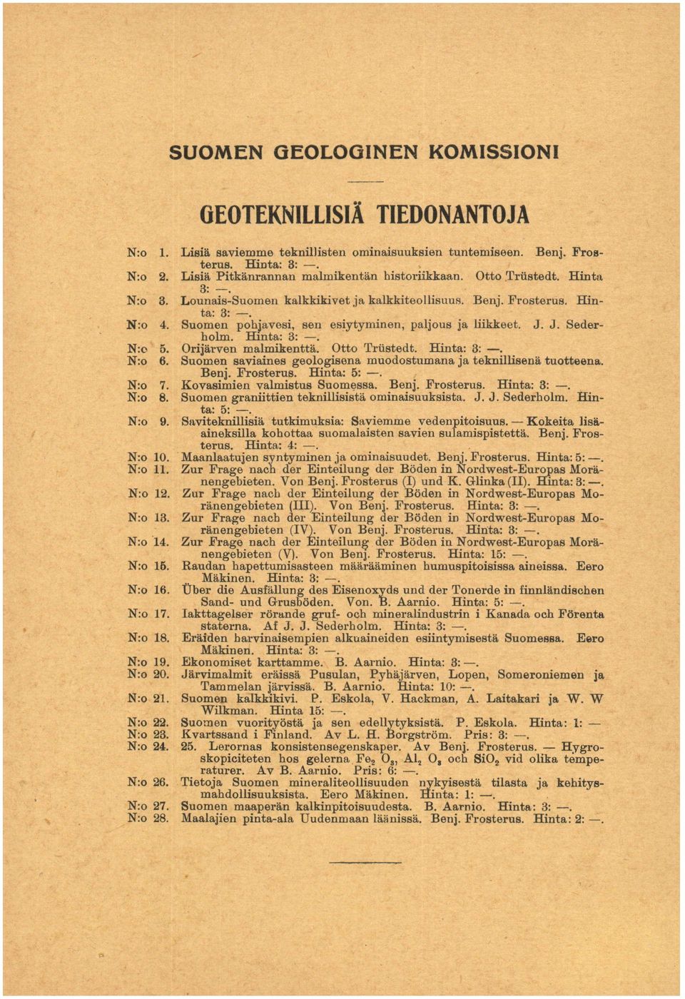 Benj. Frosterus. Rinta: 8: 3: -. T[in- N:o 4. Suomen Suomon -. pohjavesi, pohjavosi, liikkeet. SeilerhoLn. - sen esiytyminen, paljous ja llikkeet. J. J. Sederholm. Hinta: linta: 3: -. N:o 5. 6.