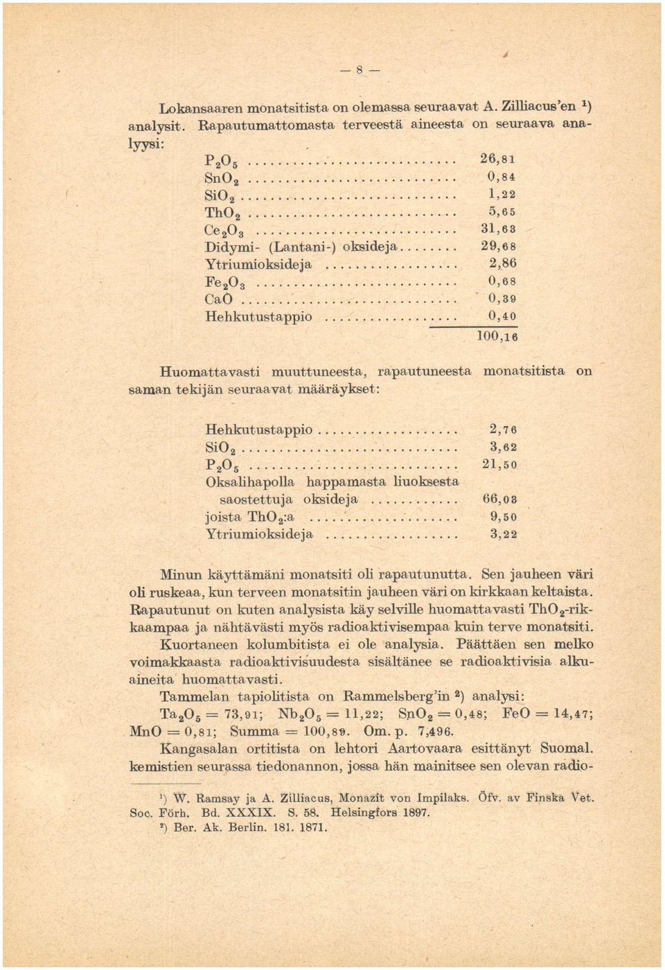 Rapautumattomasta terveestä aineesta on seuraava ana'- analyysi: Ppfl r2v5 2 0..... :... S 26,81 26,at SnOo Sn0 2. sios Si0 2. Tho2 Th0 2... 0,844 1,22 L,22 5,65 CerOt 2 0 a.