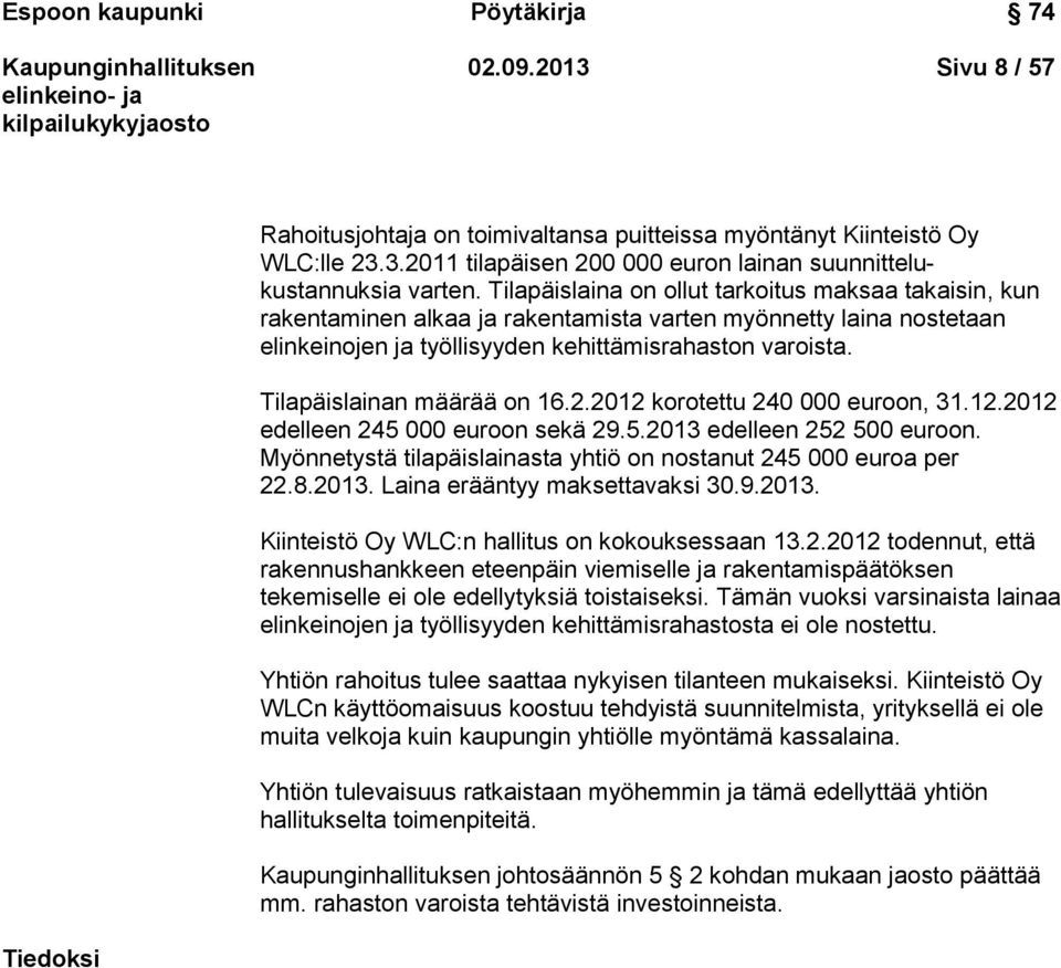 Tilapäislainan määrää on 16.2.2012 korotettu 240 000 euroon, 31.12.2012 edelleen 245 000 euroon sekä 29.5.2013 edelleen 252 500 euroon.