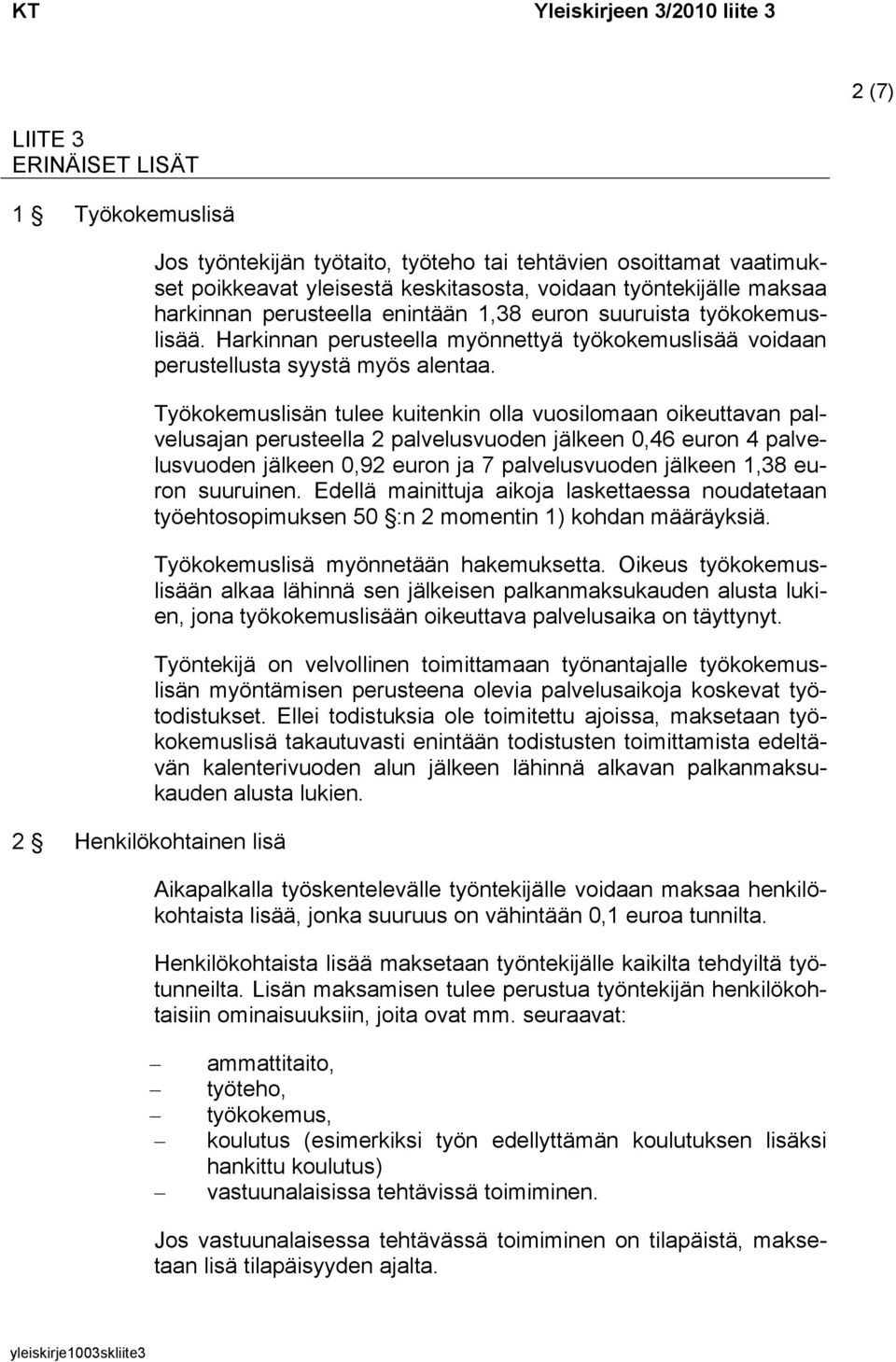 Työkokemuslisän tulee kuitenkin olla vuosilomaan oikeuttavan palvelusajan perusteella 2 palvelusvuoden jälkeen 0,46 euron 4 palvelusvuoden jälkeen 0,92 euron ja 7 palvelusvuoden jälkeen 1,38 euron