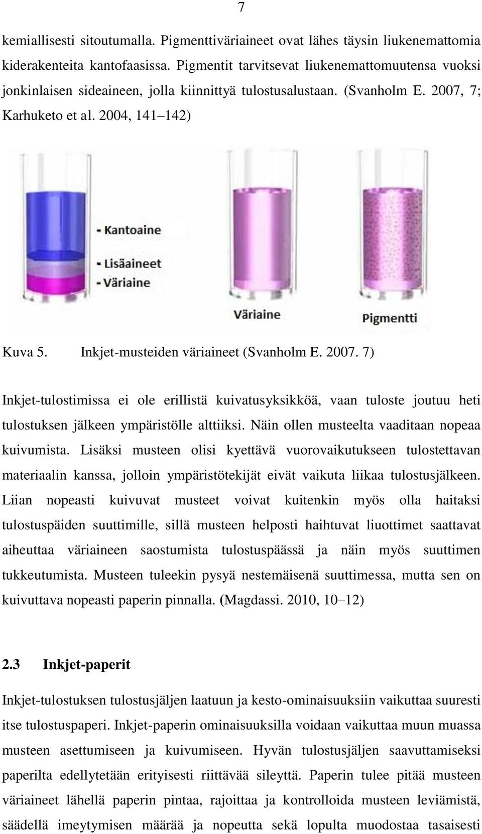 Inkjet-musteiden väriaineet (Svanholm E. 2007. 7) Inkjet-tulostimissa ei ole erillistä kuivatusyksikköä, vaan tuloste joutuu heti tulostuksen jälkeen ympäristölle alttiiksi.
