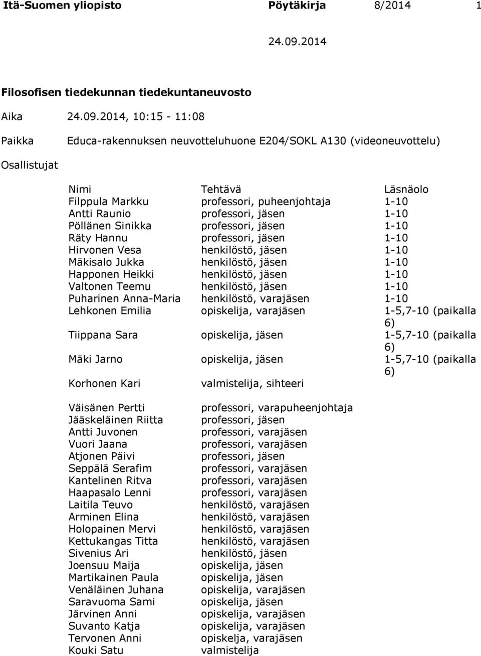 2014, 10:15-11:08 Paikka Educa-rakennuksen neuvotteluhuone E204/SOKL A130 (videoneuvottelu) Osallistujat Nimi Tehtävä Läsnäolo Filppula Markku professori, puheenjohtaja 1-10 Antti Raunio professori,